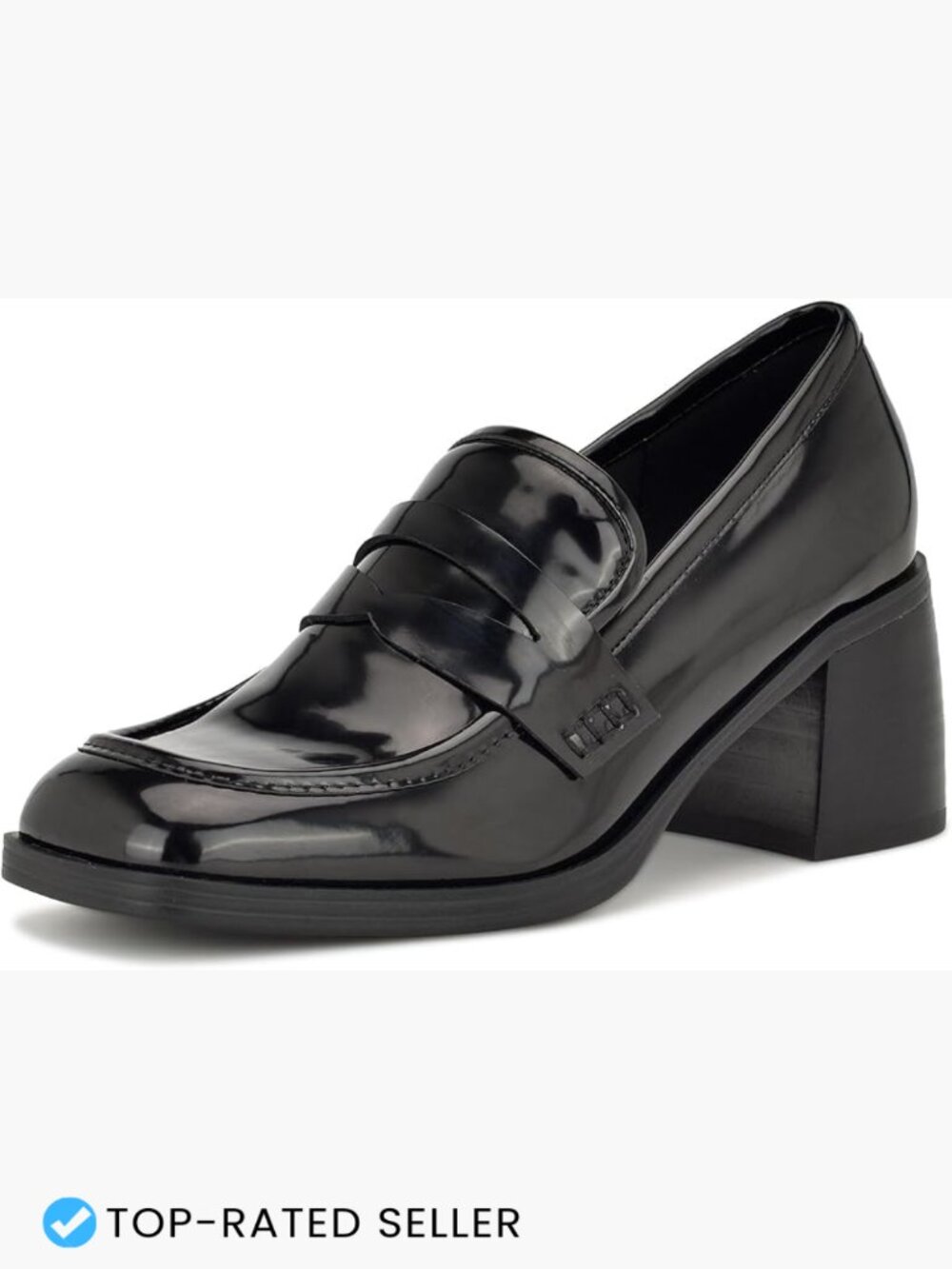 Black Heeled Loafer Pumps Block Heel Square Toe Slip On Leather Fall Shoes